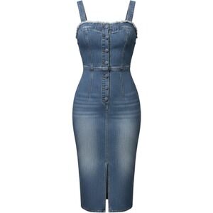 Pastiche Pop Denim Dress XS Light Wash Button Front Midi Raw Hem NWT $145